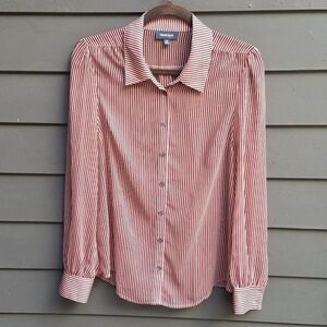 Modcloth Rust Tan Pinstripe Sheer Button Down Shirt Size Medium